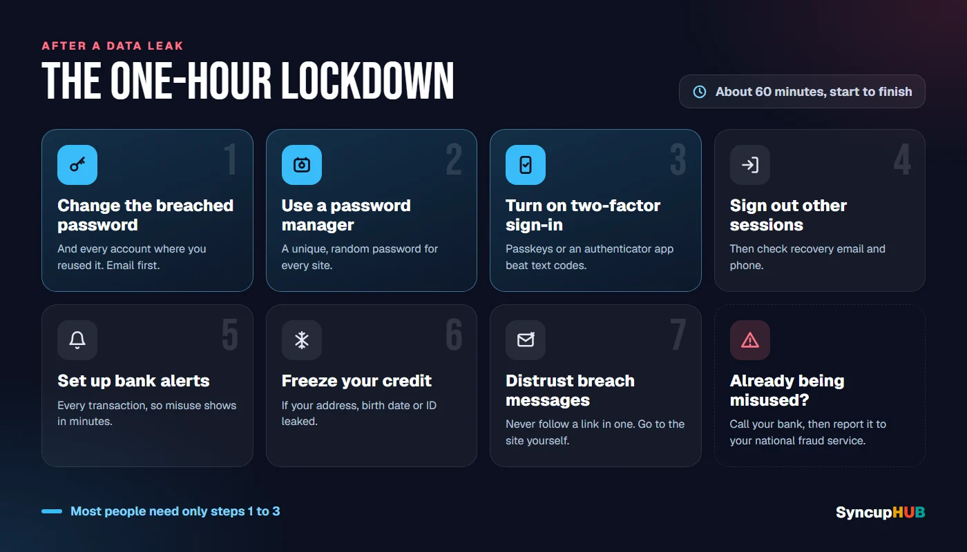 The one-hour lockdown after a data leak, in seven steps: change the breached password and every reuse of it; move to a password manager; turn on two-factor sign-in, preferring passkeys or an authenticator app; sign out other sessions and check recovery details; set up bank and card alerts; freeze your credit if identity details leaked; and treat messages about the breach as suspect.