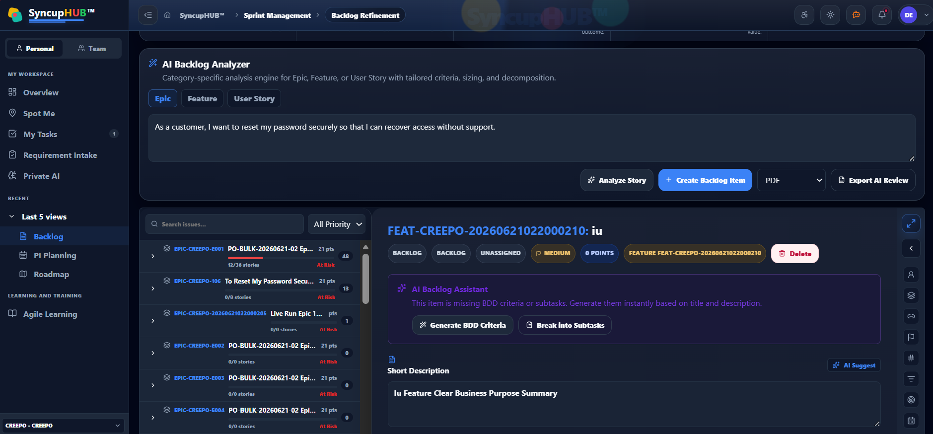 Backlog Management AI backlog analyzer screen