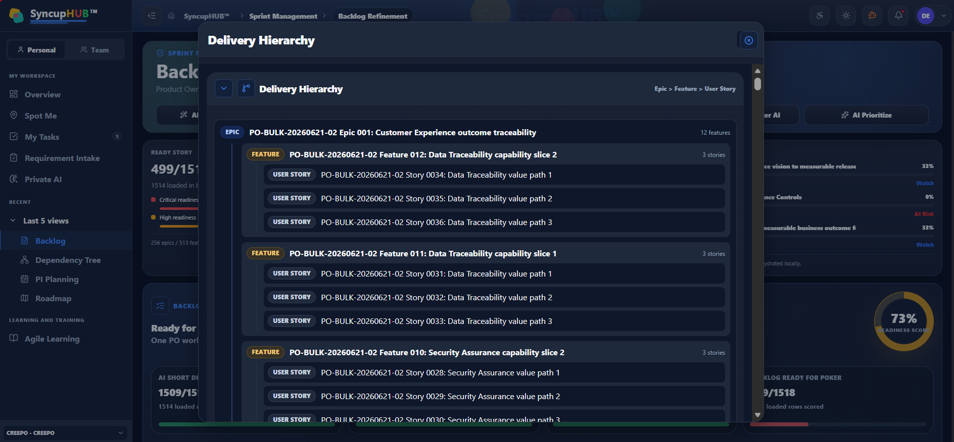 Backlog Management Delivery hierarchy screen