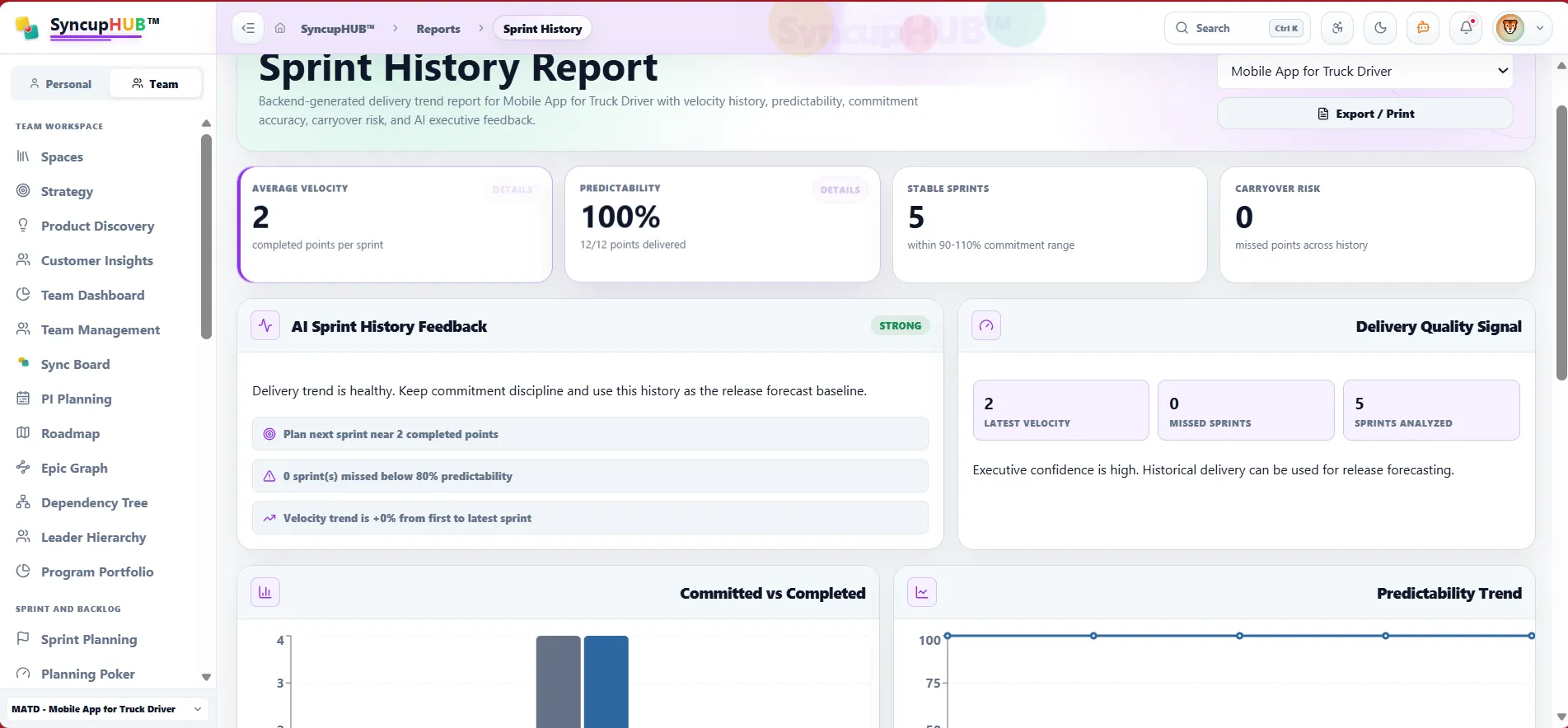 SyncupHUB AI sprint history screen