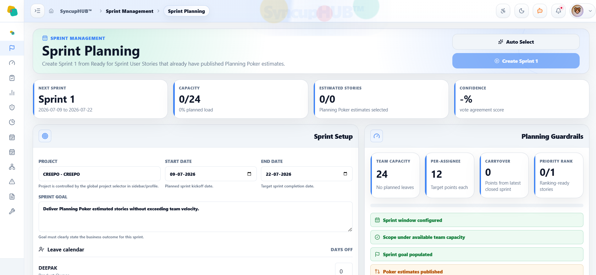 SyncupHUB Sprint planning screen