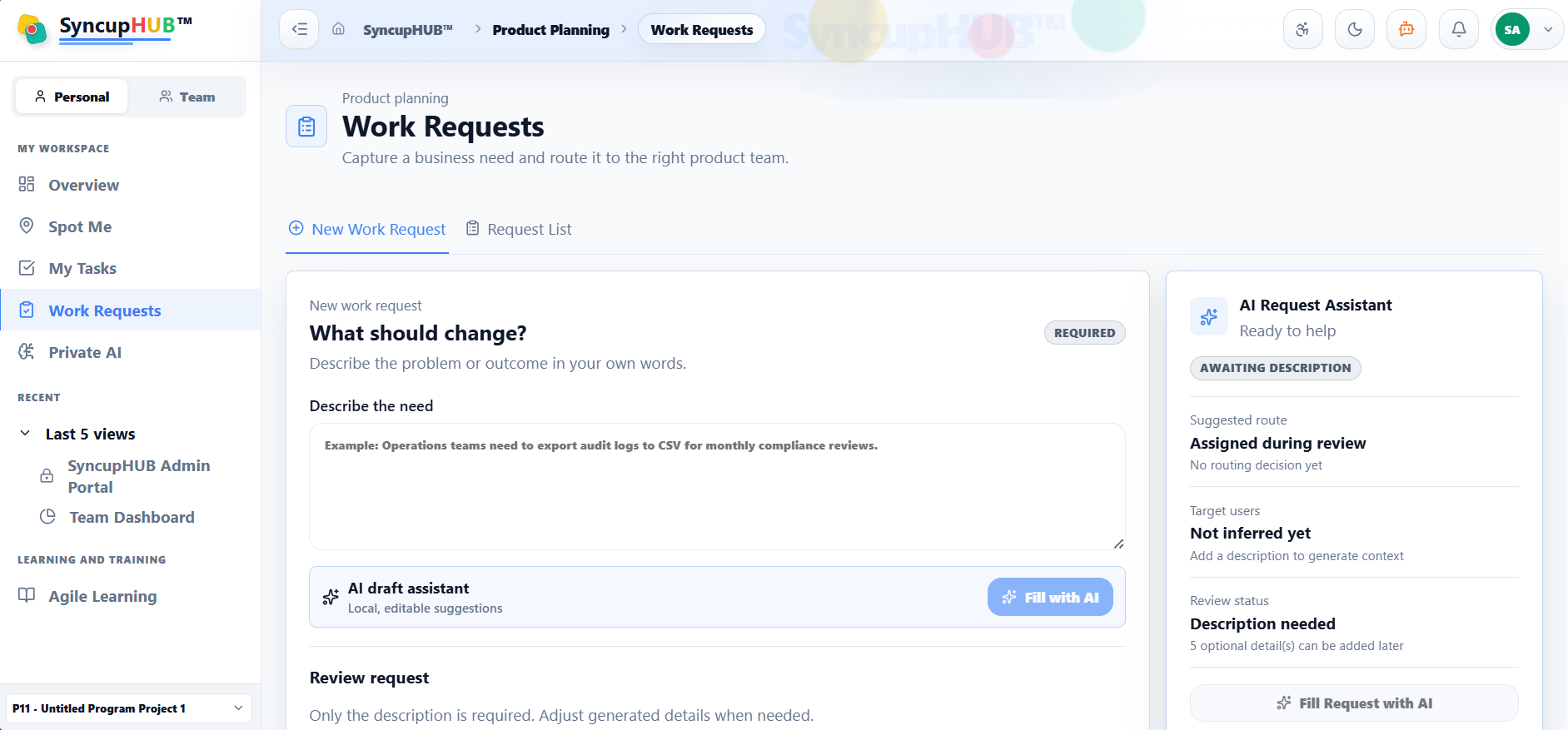 SyncupHUB Work requests screen